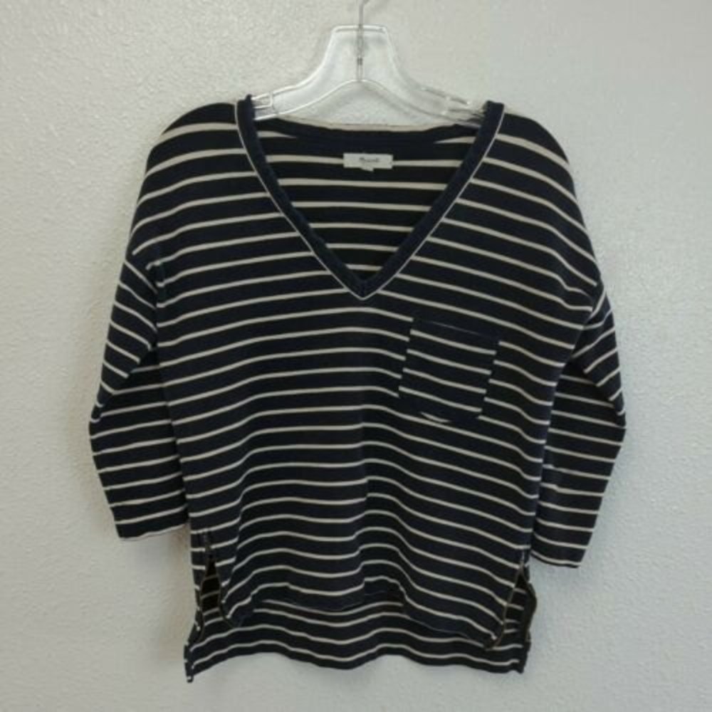 Madewell Womens Blue Striped V Neck Heavy Shirt 3/4 Sleeve Boxy Nautical Small S